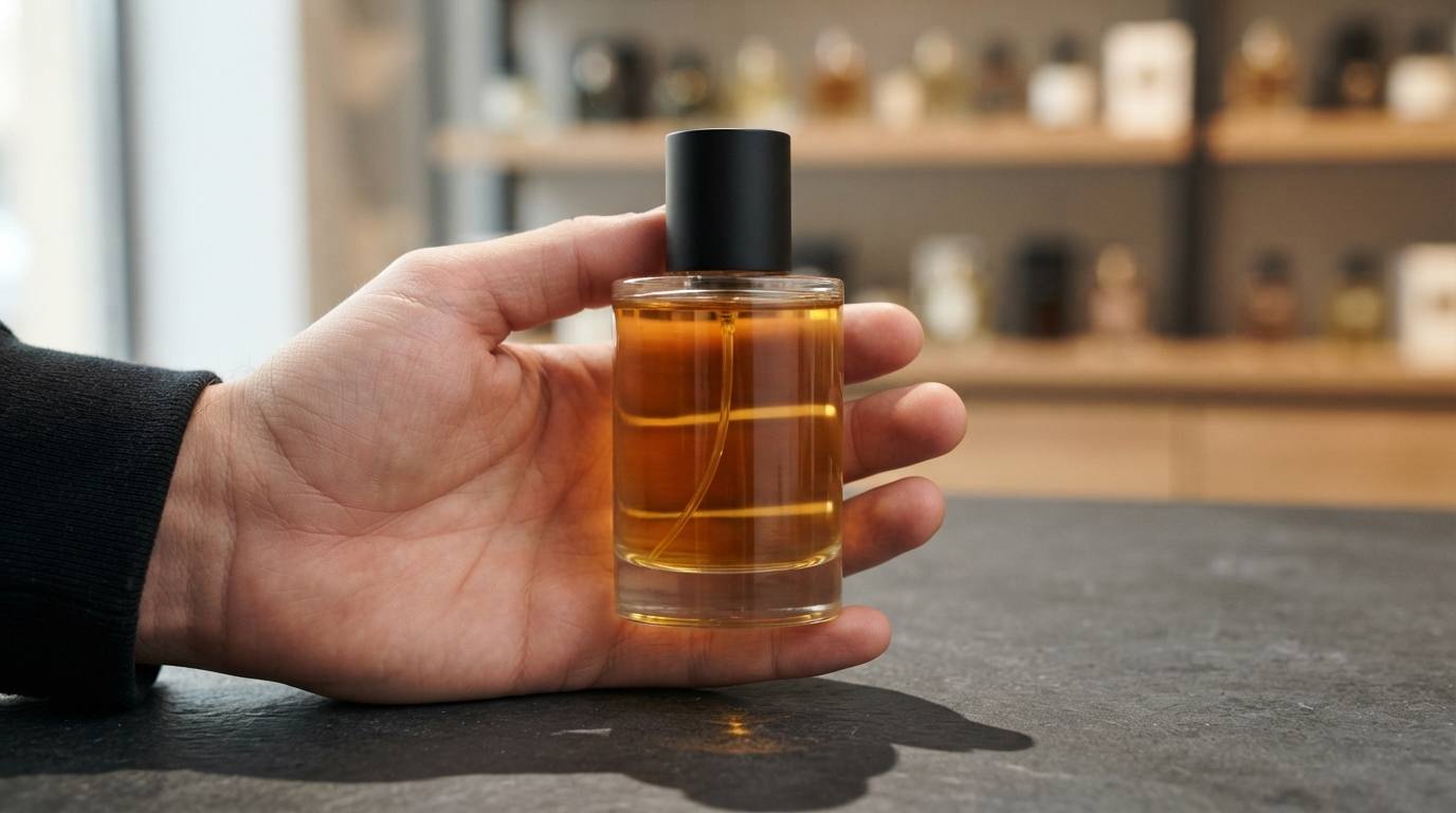 Флакон с янтарным маслом на раскрытой ладони