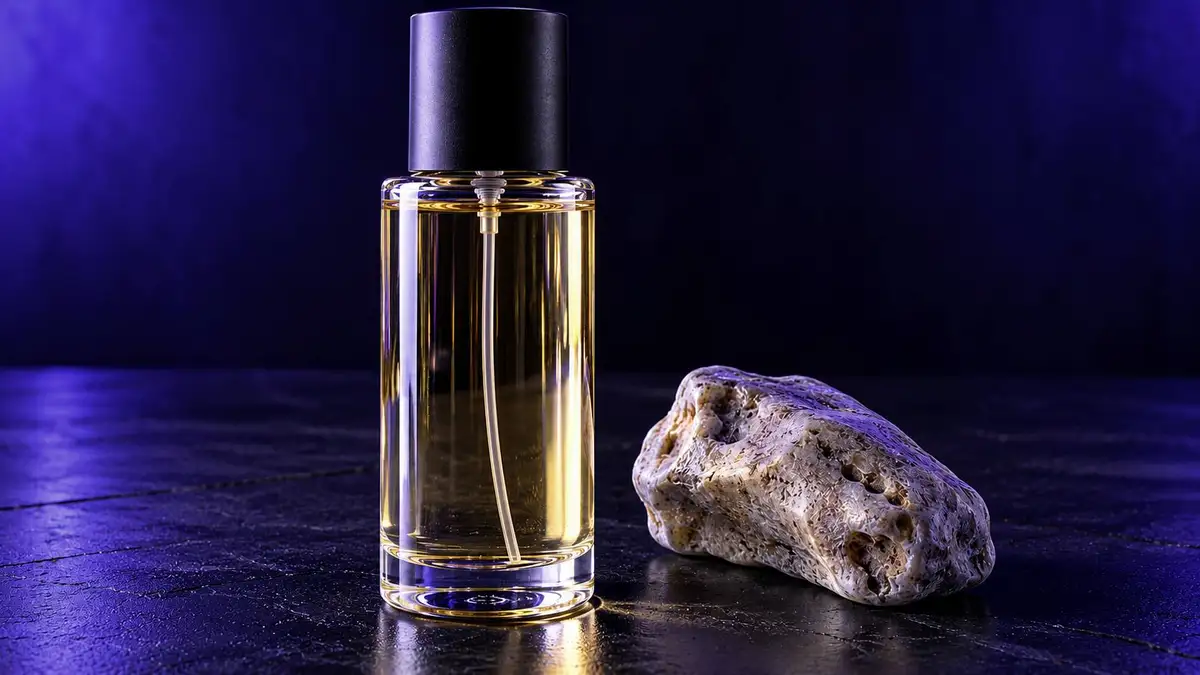 Простой стеклянный флакон с бледно-золотистым маслом рядом с куском серой амбры в ультрафиолетовом свете; иллюстрация, не флакон марки