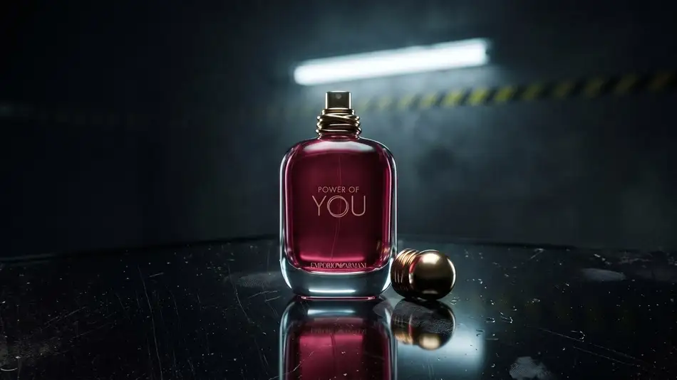 Флакон Emporio Armani Power of You на чёрном стекле в ночном гараже